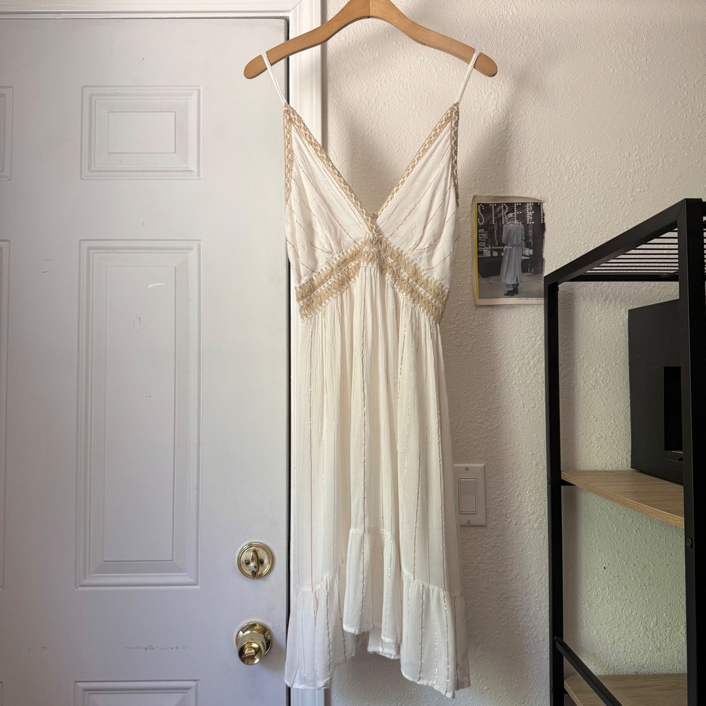 CYN BY CYNTHIA MEHRA white gold pin stripe surplice boho gauze rayon midi dress